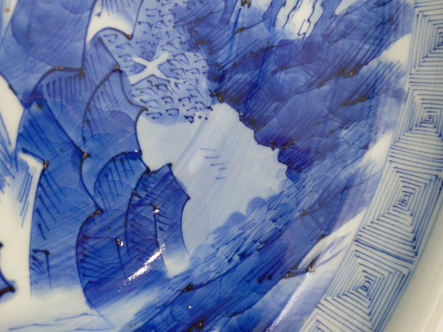 江戸期　古伊万里　染付　約33cm　1尺　大皿　緻密に描かれた山水図が見事な大鉢(深鉢、和皿、和食器、一尺)(R-083130)