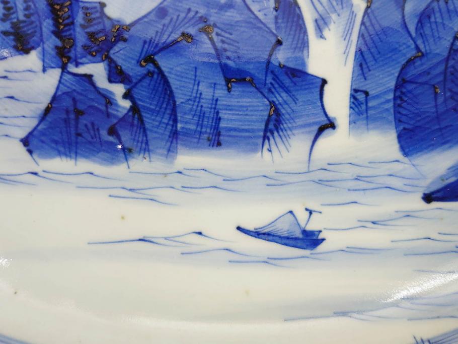 江戸期　古伊万里　染付　約33cm　1尺　大皿　緻密に描かれた山水図が見事な大鉢(深鉢、和皿、和食器、一尺)(R-083130)