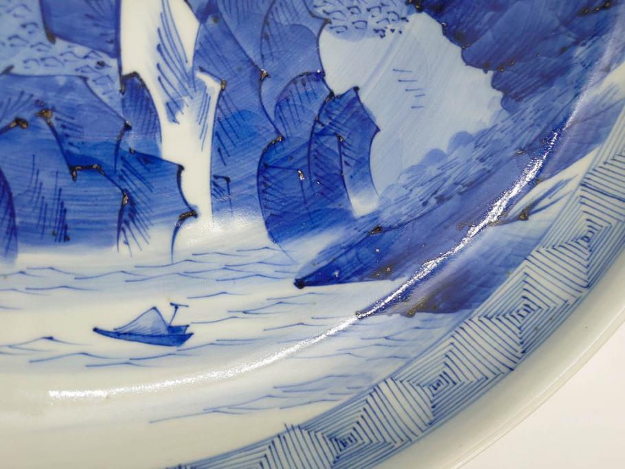 江戸期　古伊万里　染付　約33cm　1尺　大皿　緻密に描かれた山水図が見事な大鉢(深鉢、和皿、和食器、一尺)(R-083130)
