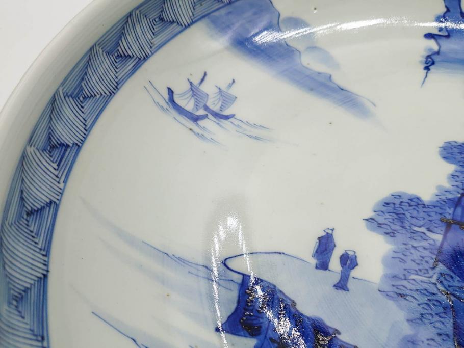 江戸期　古伊万里　染付　約33cm　1尺　大皿　緻密に描かれた山水図が見事な大鉢(深鉢、和皿、和食器、一尺)(R-083130)
