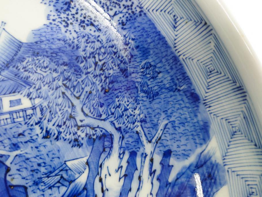 江戸期　古伊万里　染付　約33cm　1尺　大皿　緻密に描かれた山水図が見事な大鉢(深鉢、和皿、和食器、一尺)(R-083130)