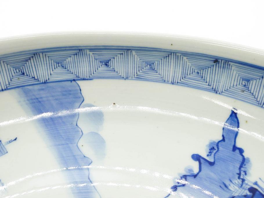 江戸期　古伊万里　染付　約33cm　1尺　大皿　緻密に描かれた山水図が見事な大鉢(深鉢、和皿、和食器、一尺)(R-083130)
