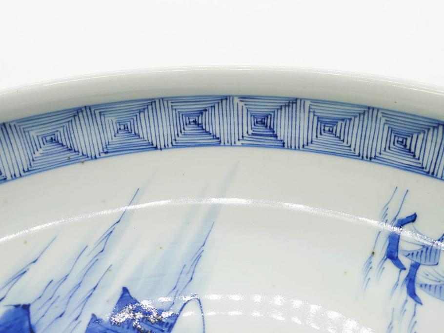 江戸期　古伊万里　染付　約33cm　1尺　大皿　緻密に描かれた山水図が見事な大鉢(深鉢、和皿、和食器、一尺)(R-083130)