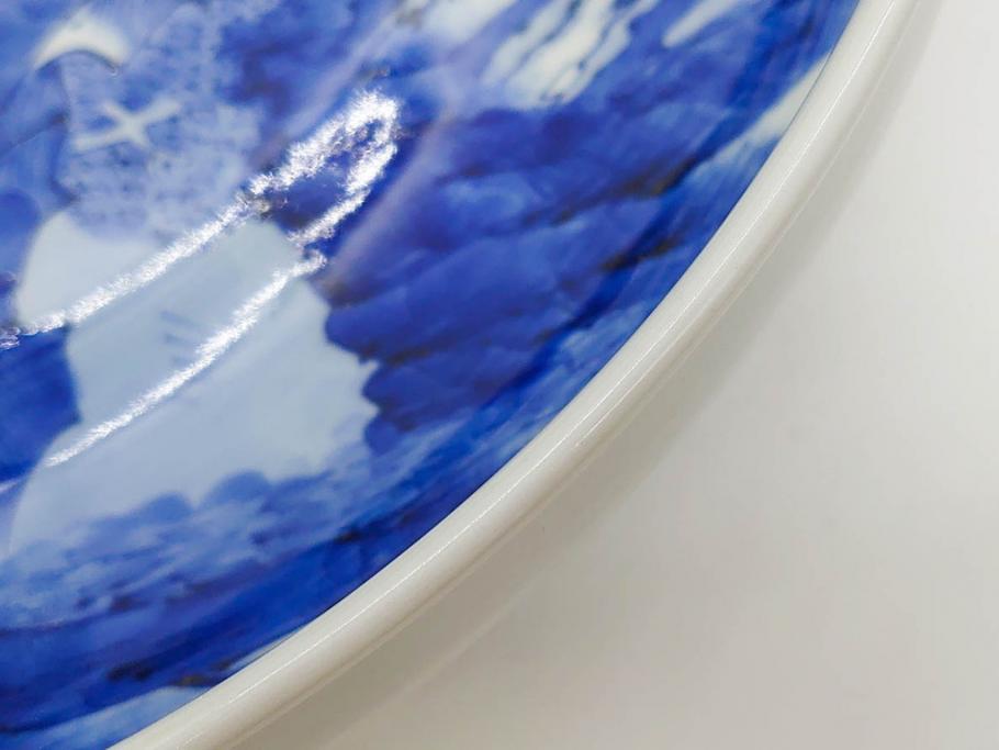 江戸期　古伊万里　染付　約33cm　1尺　大皿　緻密に描かれた山水図が見事な大鉢(深鉢、和皿、和食器、一尺)(R-083130)