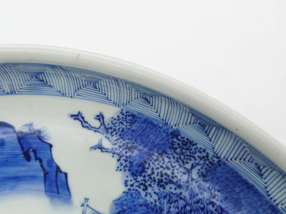 江戸期　古伊万里　染付　約33cm　1尺　大皿　緻密に描かれた山水図が見事な大鉢(深鉢、和皿、和食器、一尺)(R-083130)