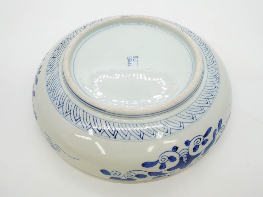 江戸期　古伊万里　染付　約33cm　1尺　大皿　緻密に描かれた山水図が見事な大鉢(深鉢、和皿、和食器、一尺)(R-083130)