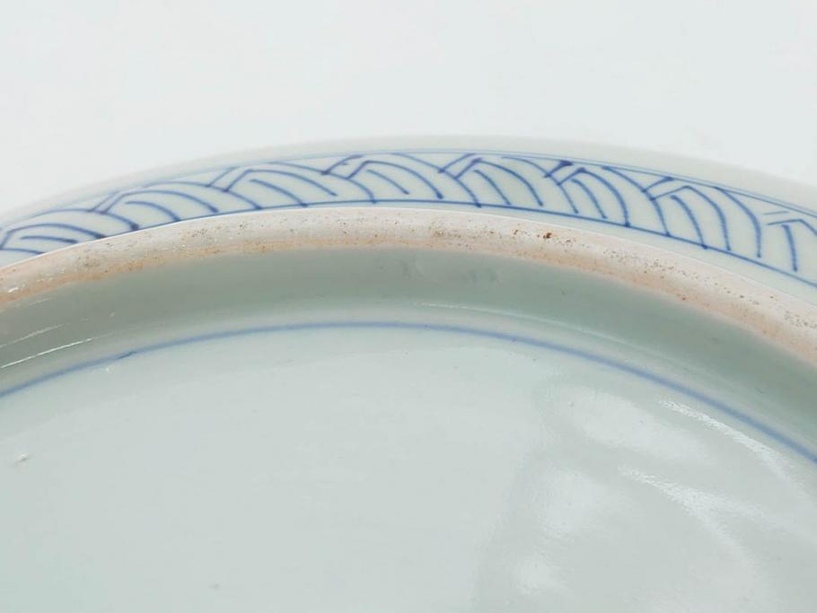 江戸期　古伊万里　染付　約33cm　1尺　大皿　緻密に描かれた山水図が見事な大鉢(深鉢、和皿、和食器、一尺)(R-083130)