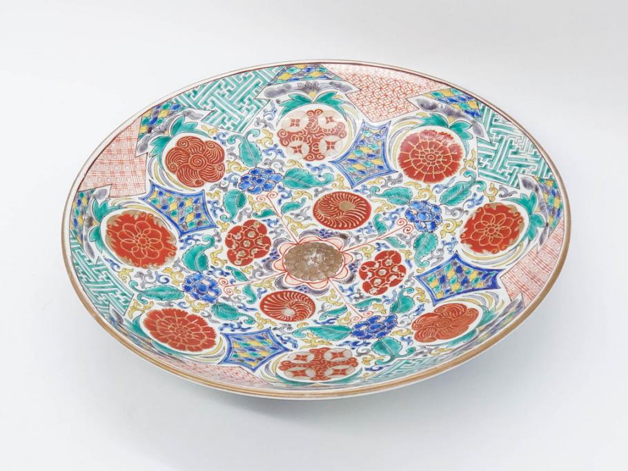 上手物　江戸期　太明成化年製　古伊万里　染付　色絵　約39cm　1尺3寸　色鮮やかな絵付けが存在感を放つ大皿(魚、和皿、和食器、一尺三寸)(R-083131)