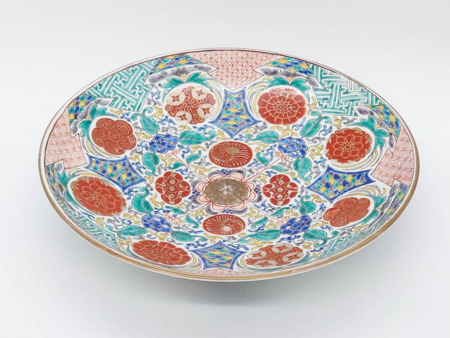 上手物　江戸期　太明成化年製　古伊万里　染付　色絵　約39cm　1尺3寸　色鮮やかな絵付けが存在感を放つ大皿(魚、和皿、和食器、一尺三寸)(R-083131)