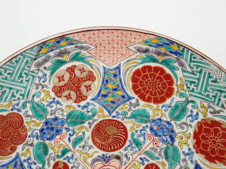 上手物　江戸期　太明成化年製　古伊万里　染付　色絵　約39cm　1尺3寸　色鮮やかな絵付けが存在感を放つ大皿(魚、和皿、和食器、一尺三寸)(R-083131)
