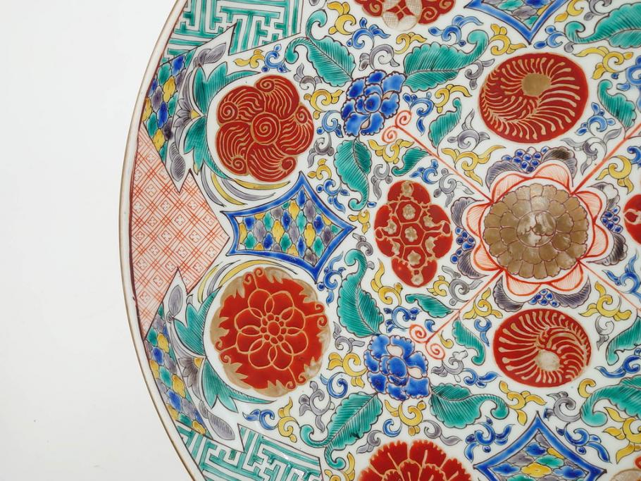 上手物　江戸期　太明成化年製　古伊万里　染付　色絵　約39cm　1尺3寸　色鮮やかな絵付けが存在感を放つ大皿(魚、和皿、和食器、一尺三寸)(R-083131)