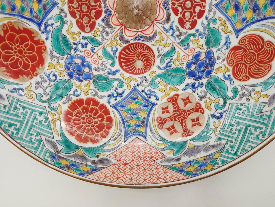 上手物　江戸期　太明成化年製　古伊万里　染付　色絵　約39cm　1尺3寸　色鮮やかな絵付けが存在感を放つ大皿(魚、和皿、和食器、一尺三寸)(R-083131)