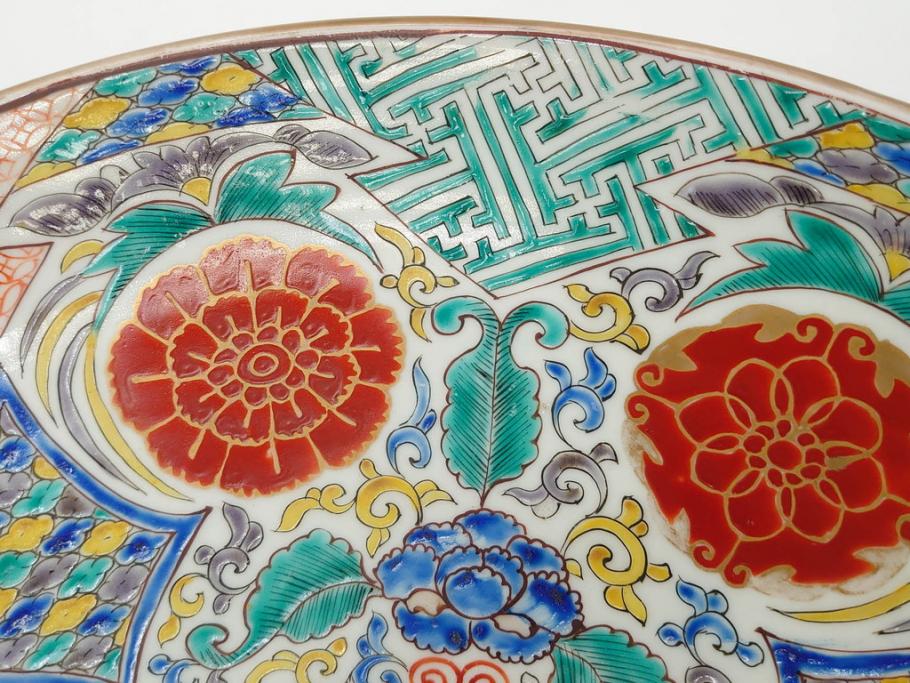 上手物　江戸期　太明成化年製　古伊万里　染付　色絵　約39cm　1尺3寸　色鮮やかな絵付けが存在感を放つ大皿(魚、和皿、和食器、一尺三寸)(R-083131)