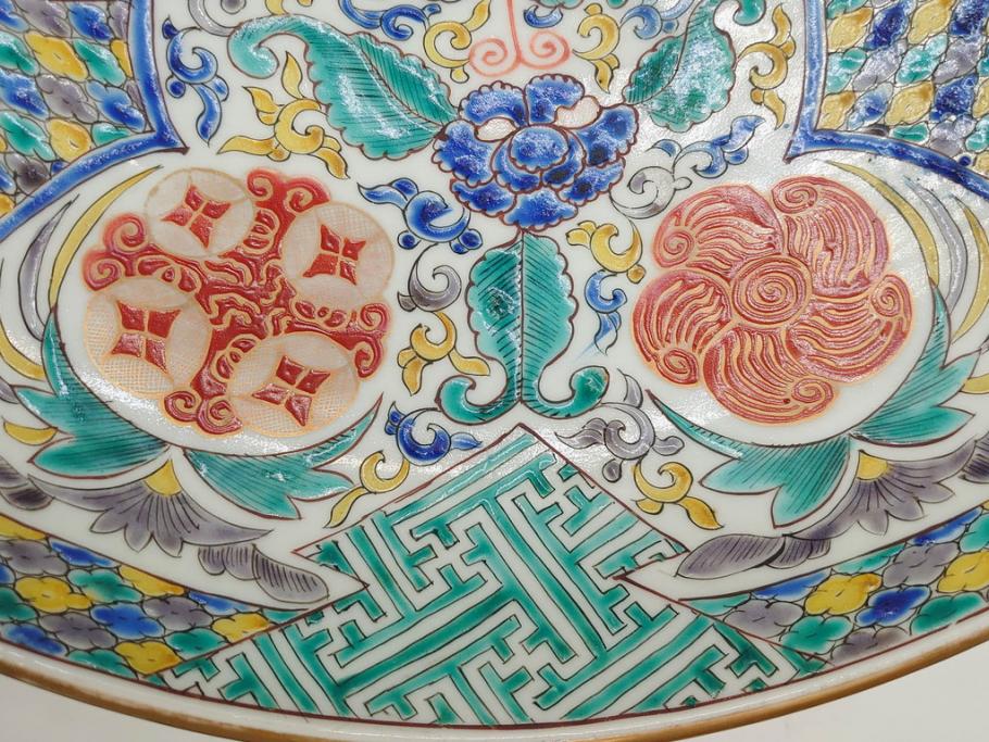 上手物　江戸期　太明成化年製　古伊万里　染付　色絵　約39cm　1尺3寸　色鮮やかな絵付けが存在感を放つ大皿(魚、和皿、和食器、一尺三寸)(R-083131)