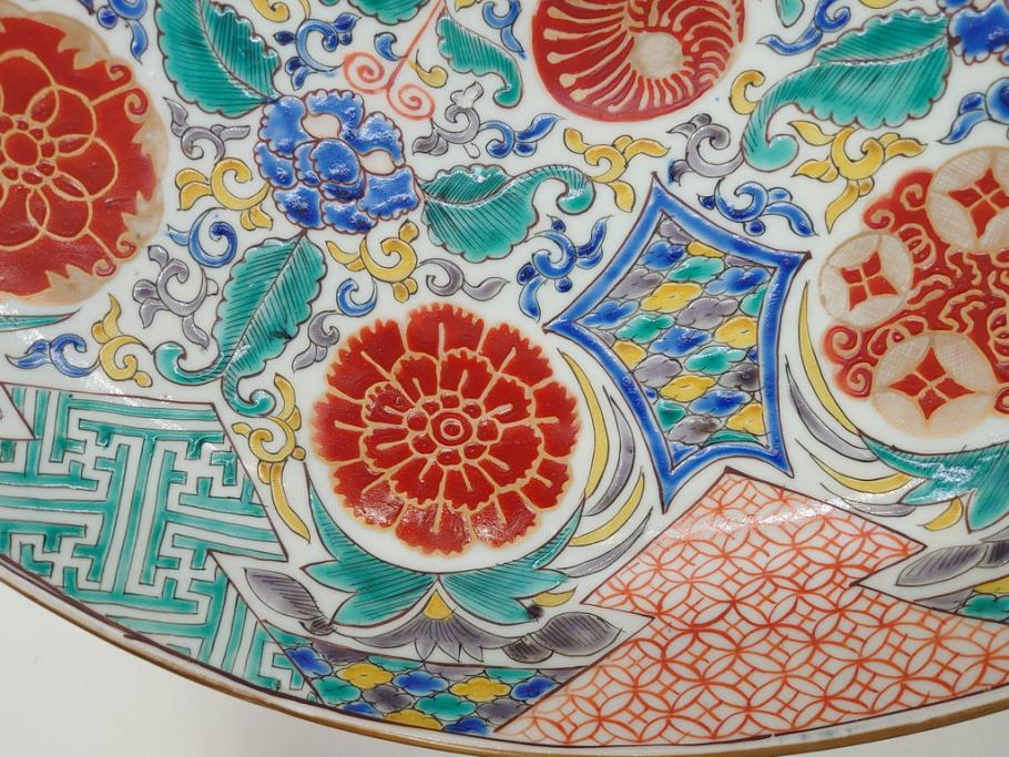 上手物　江戸期　太明成化年製　古伊万里　染付　色絵　約39cm　1尺3寸　色鮮やかな絵付けが存在感を放つ大皿(魚、和皿、和食器、一尺三寸)(R-083131)