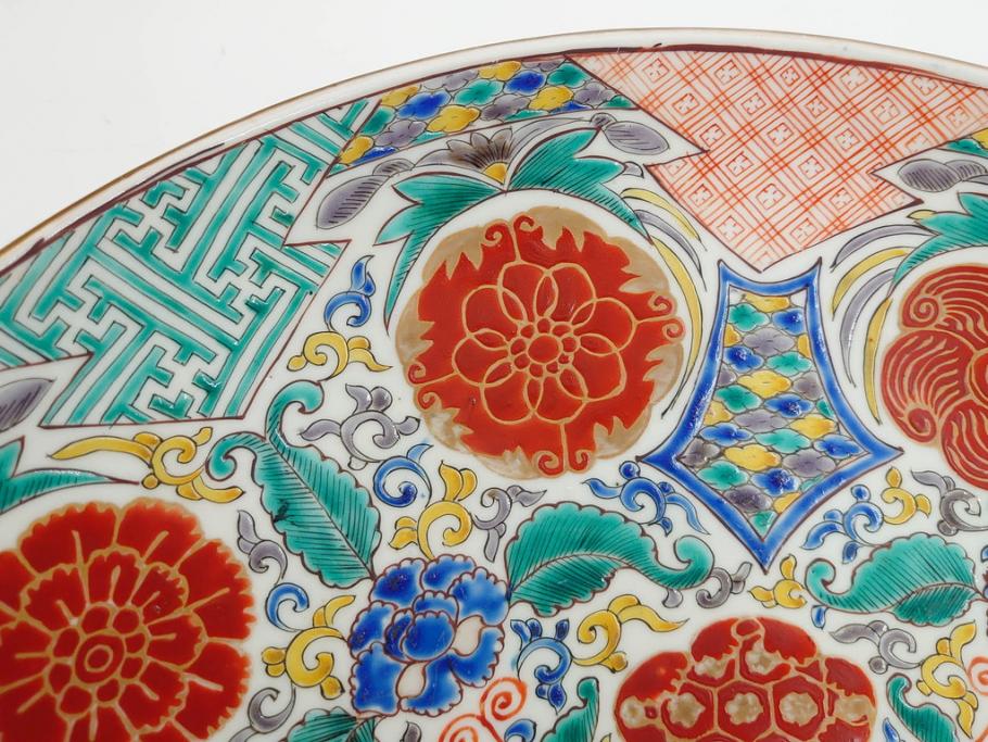 上手物　江戸期　太明成化年製　古伊万里　染付　色絵　約39cm　1尺3寸　色鮮やかな絵付けが存在感を放つ大皿(魚、和皿、和食器、一尺三寸)(R-083131)