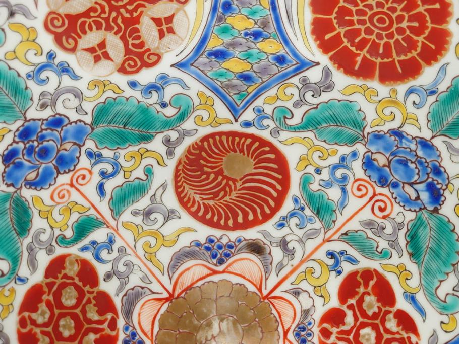 上手物　江戸期　太明成化年製　古伊万里　染付　色絵　約39cm　1尺3寸　色鮮やかな絵付けが存在感を放つ大皿(魚、和皿、和食器、一尺三寸)(R-083131)