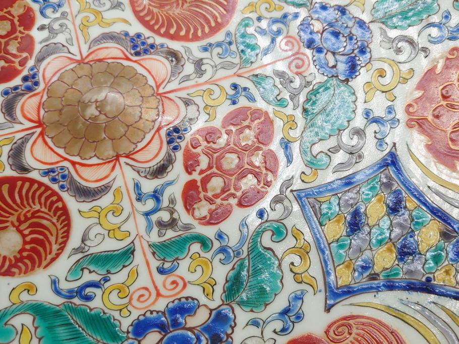 上手物　江戸期　太明成化年製　古伊万里　染付　色絵　約39cm　1尺3寸　色鮮やかな絵付けが存在感を放つ大皿(魚、和皿、和食器、一尺三寸)(R-083131)