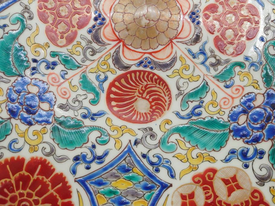 上手物　江戸期　太明成化年製　古伊万里　染付　色絵　約39cm　1尺3寸　色鮮やかな絵付けが存在感を放つ大皿(魚、和皿、和食器、一尺三寸)(R-083131)
