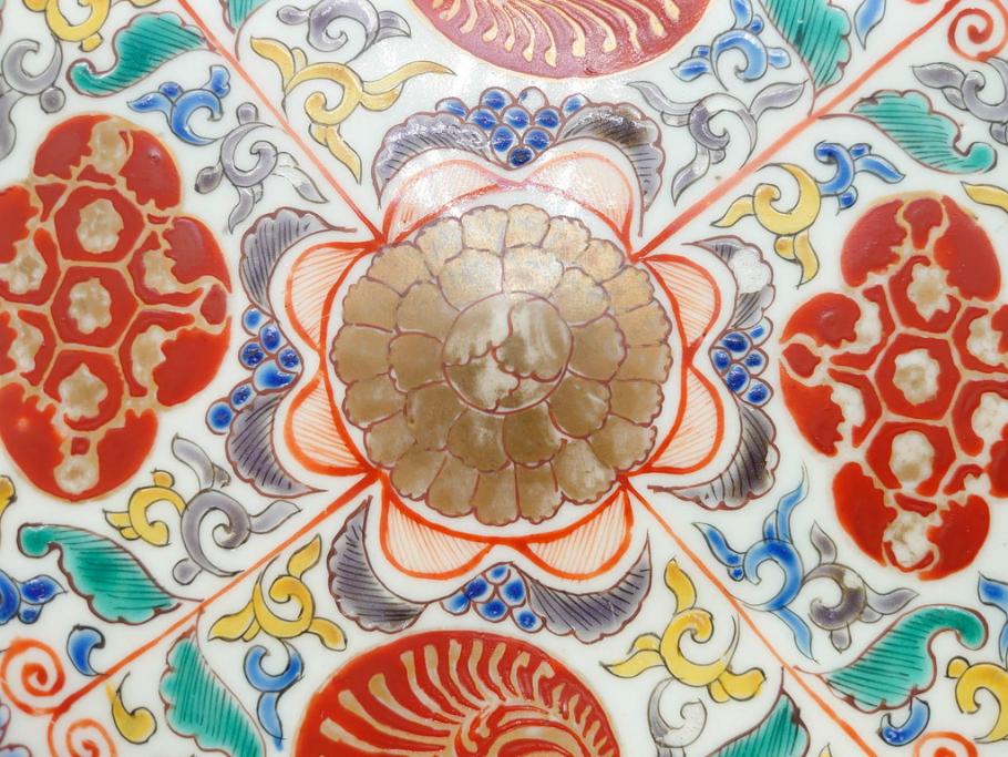 上手物　江戸期　太明成化年製　古伊万里　染付　色絵　約39cm　1尺3寸　色鮮やかな絵付けが存在感を放つ大皿(魚、和皿、和食器、一尺三寸)(R-083131)