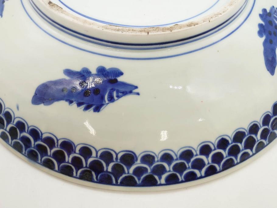 上手物　江戸期　太明成化年製　古伊万里　染付　色絵　約39cm　1尺3寸　色鮮やかな絵付けが存在感を放つ大皿(魚、和皿、和食器、一尺三寸)(R-083131)
