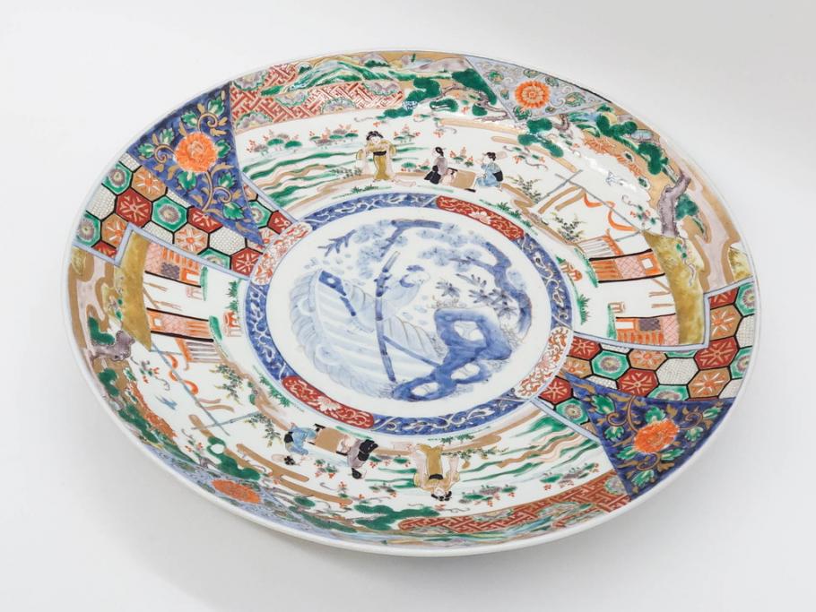 江戸期　古伊万里　染付　色絵　金彩　松竹梅　約46cm　1尺5寸　華やかで凝った意匠が目を引く大皿(人物、鳳凰、桐、和皿、和食器、一尺五寸)(R-083132)