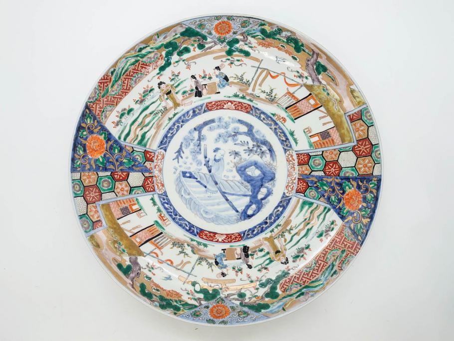 江戸期　古伊万里　染付　色絵　金彩　松竹梅　約46cm　1尺5寸　華やかで凝った意匠が目を引く大皿(人物、鳳凰、桐、和皿、和食器、一尺五寸)(R-083132)