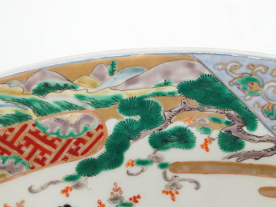 江戸期　古伊万里　染付　色絵　金彩　松竹梅　約46cm　1尺5寸　華やかで凝った意匠が目を引く大皿(人物、鳳凰、桐、和皿、和食器、一尺五寸)(R-083132)