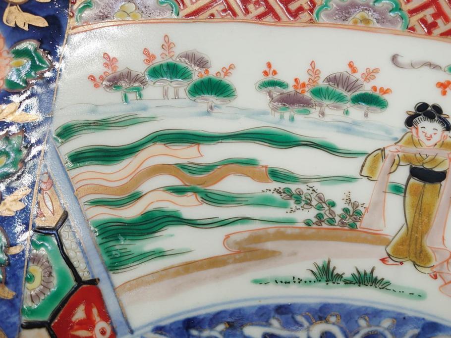 江戸期　古伊万里　染付　色絵　金彩　松竹梅　約46cm　1尺5寸　華やかで凝った意匠が目を引く大皿(人物、鳳凰、桐、和皿、和食器、一尺五寸)(R-083132)