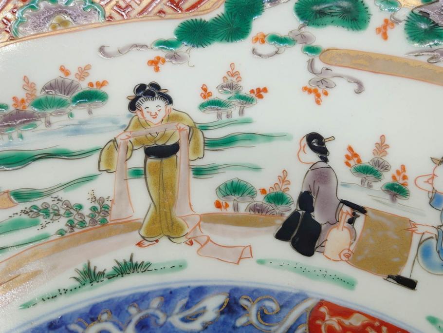 江戸期　古伊万里　染付　色絵　金彩　松竹梅　約46cm　1尺5寸　華やかで凝った意匠が目を引く大皿(人物、鳳凰、桐、和皿、和食器、一尺五寸)(R-083132)