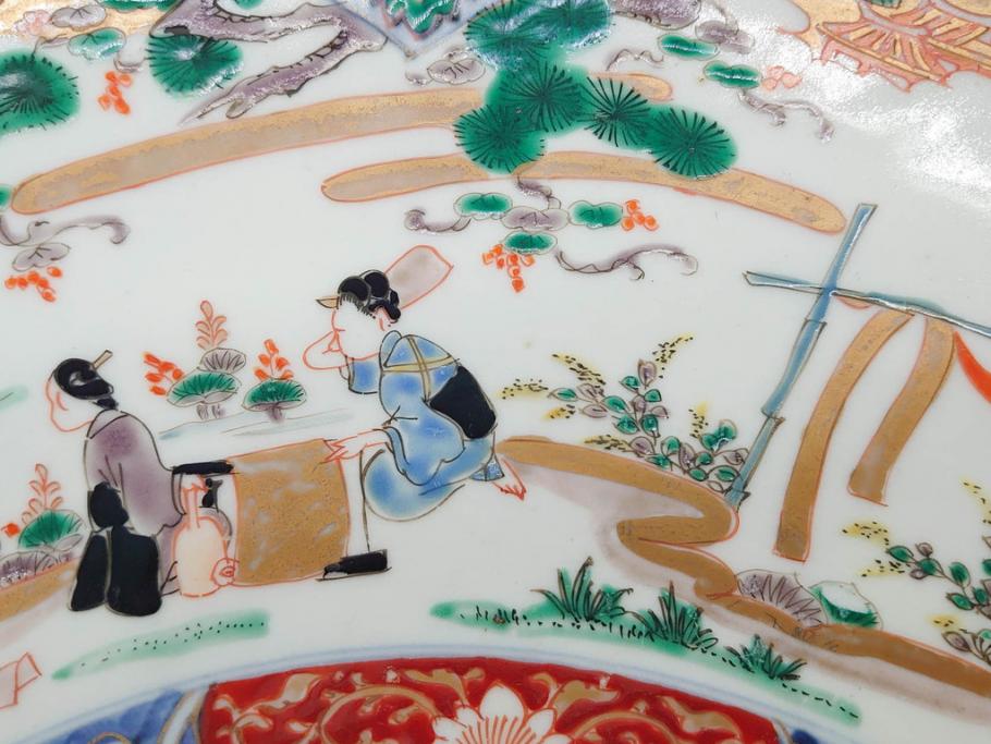 江戸期　古伊万里　染付　色絵　金彩　松竹梅　約46cm　1尺5寸　華やかで凝った意匠が目を引く大皿(人物、鳳凰、桐、和皿、和食器、一尺五寸)(R-083132)