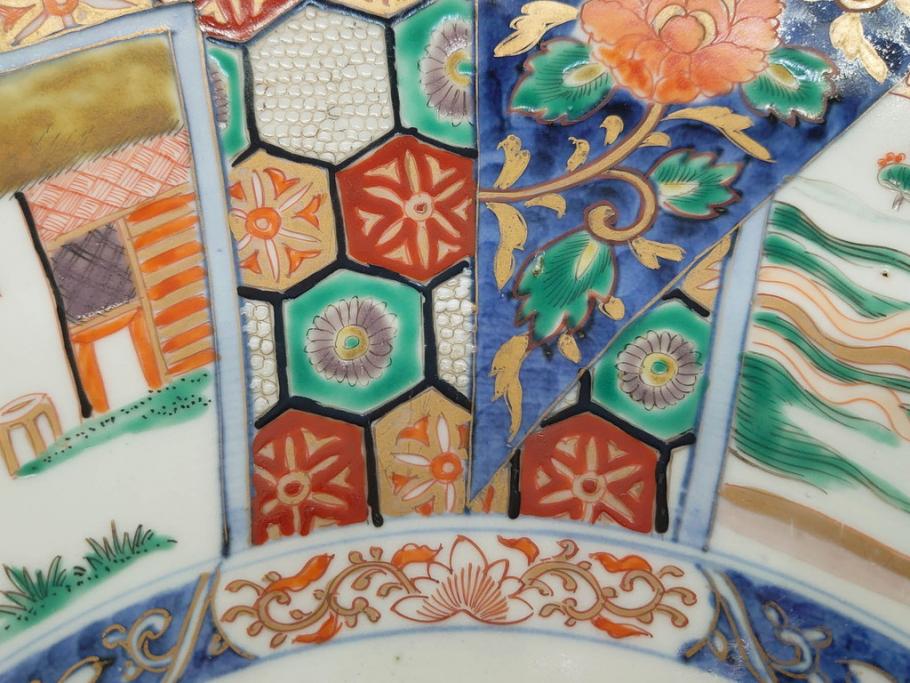 江戸期　古伊万里　染付　色絵　金彩　松竹梅　約46cm　1尺5寸　華やかで凝った意匠が目を引く大皿(人物、鳳凰、桐、和皿、和食器、一尺五寸)(R-083132)