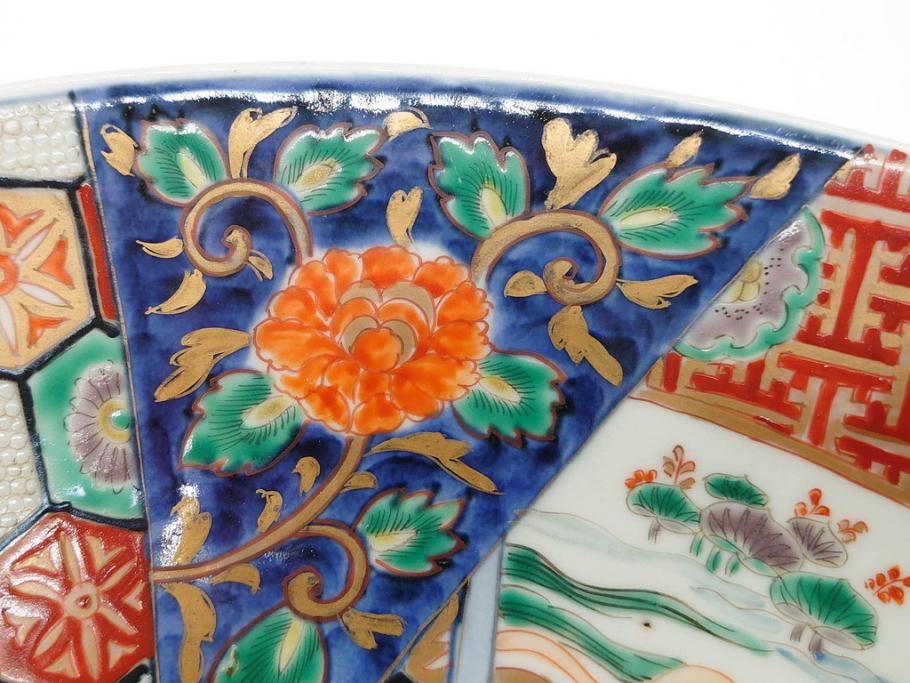 江戸期　古伊万里　染付　色絵　金彩　松竹梅　約46cm　1尺5寸　華やかで凝った意匠が目を引く大皿(人物、鳳凰、桐、和皿、和食器、一尺五寸)(R-083132)