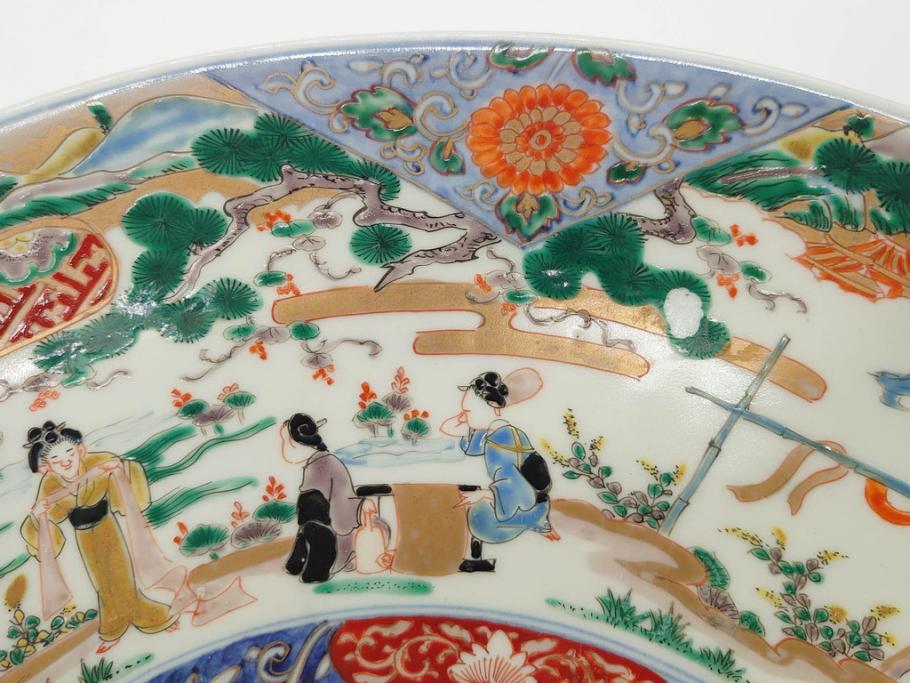 江戸期　古伊万里　染付　色絵　金彩　松竹梅　約46cm　1尺5寸　華やかで凝った意匠が目を引く大皿(人物、鳳凰、桐、和皿、和食器、一尺五寸)(R-083132)