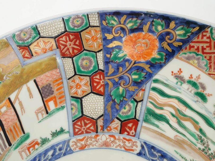 江戸期　古伊万里　染付　色絵　金彩　松竹梅　約46cm　1尺5寸　華やかで凝った意匠が目を引く大皿(人物、鳳凰、桐、和皿、和食器、一尺五寸)(R-083132)