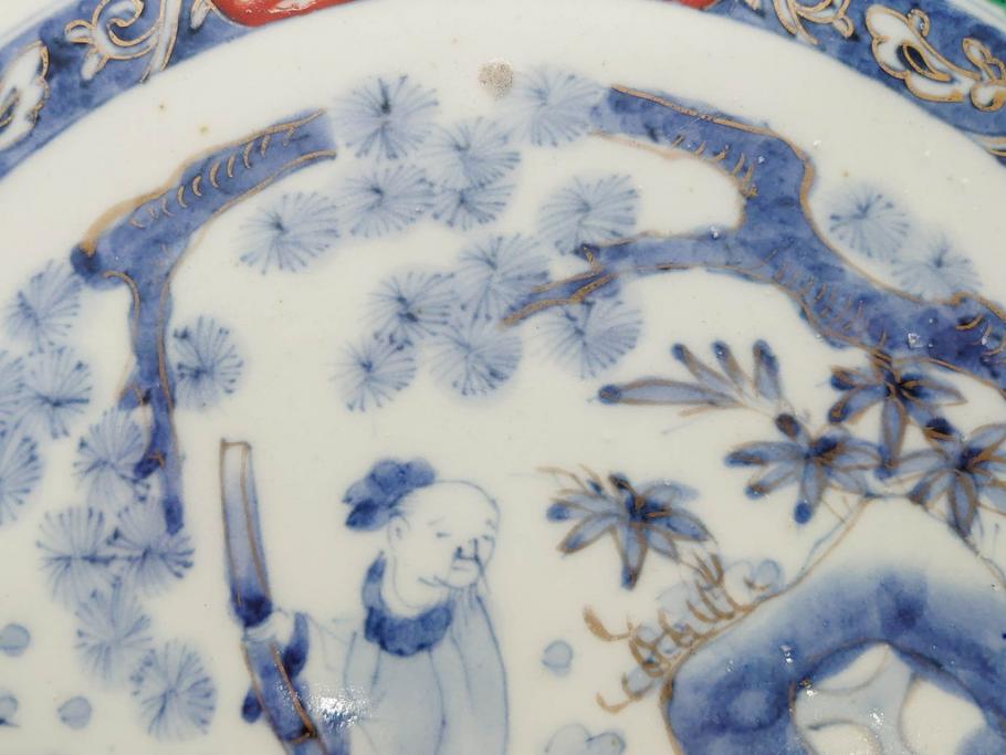 江戸期　古伊万里　染付　色絵　金彩　松竹梅　約46cm　1尺5寸　華やかで凝った意匠が目を引く大皿(人物、鳳凰、桐、和皿、和食器、一尺五寸)(R-083132)