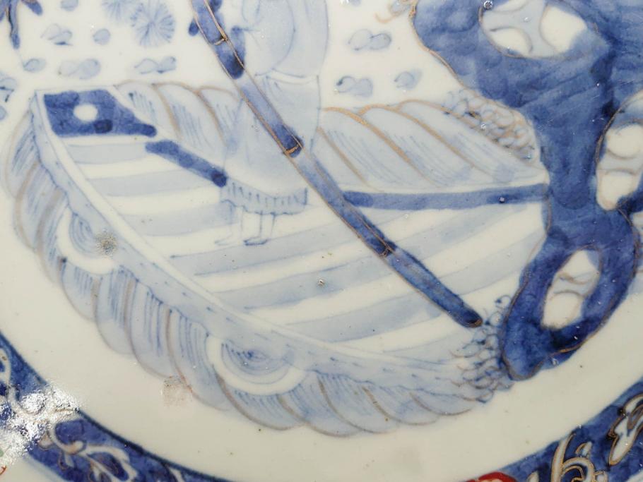 江戸期　古伊万里　染付　色絵　金彩　松竹梅　約46cm　1尺5寸　華やかで凝った意匠が目を引く大皿(人物、鳳凰、桐、和皿、和食器、一尺五寸)(R-083132)