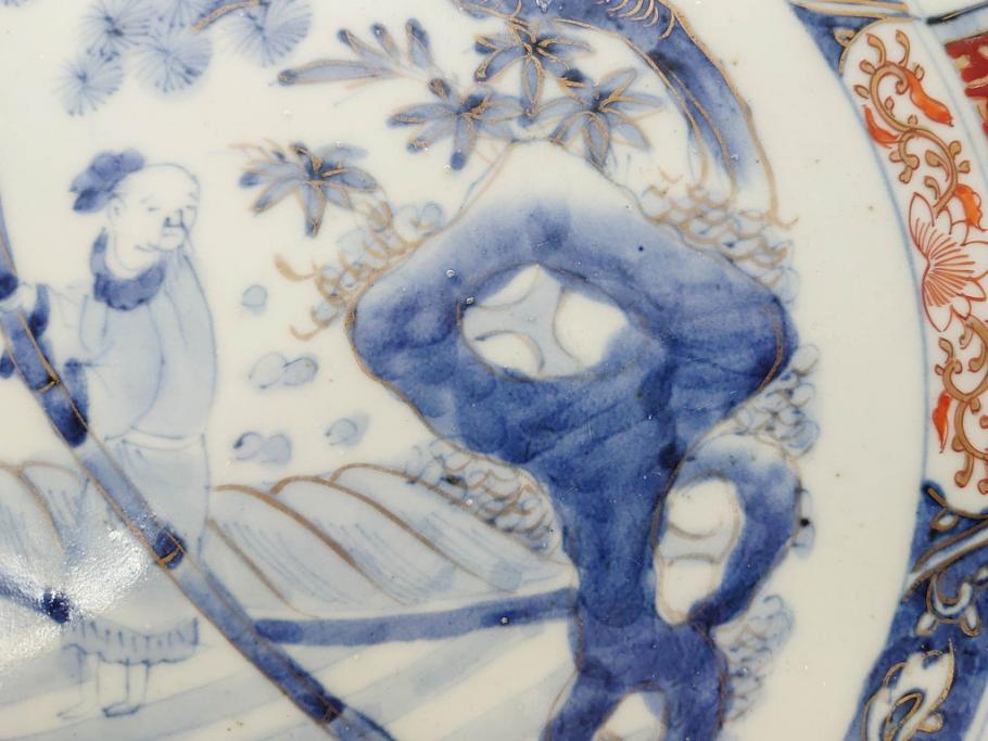 江戸期　古伊万里　染付　色絵　金彩　松竹梅　約46cm　1尺5寸　華やかで凝った意匠が目を引く大皿(人物、鳳凰、桐、和皿、和食器、一尺五寸)(R-083132)