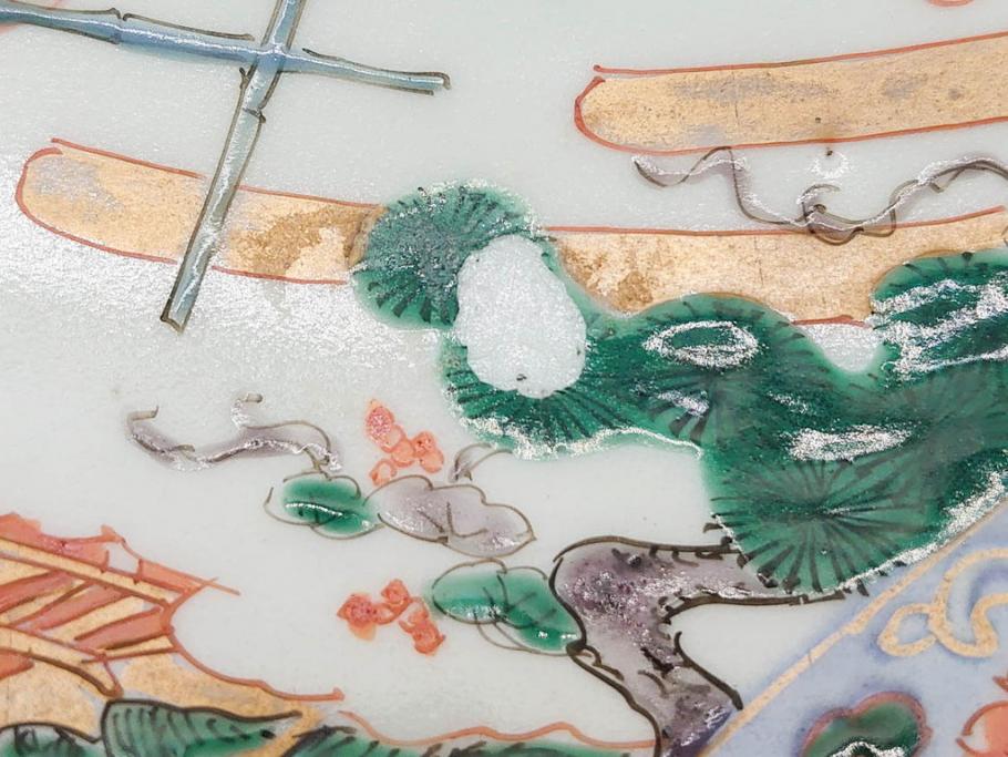 江戸期　古伊万里　染付　色絵　金彩　松竹梅　約46cm　1尺5寸　華やかで凝った意匠が目を引く大皿(人物、鳳凰、桐、和皿、和食器、一尺五寸)(R-083132)