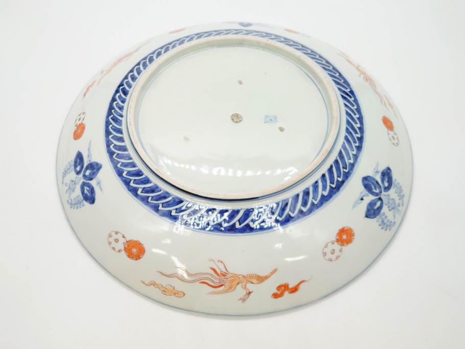 江戸期　古伊万里　染付　色絵　金彩　松竹梅　約46cm　1尺5寸　華やかで凝った意匠が目を引く大皿(人物、鳳凰、桐、和皿、和食器、一尺五寸)(R-083132)