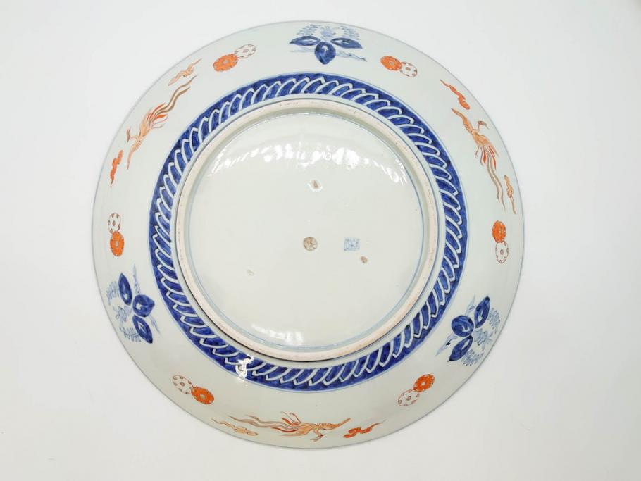 江戸期　古伊万里　染付　色絵　金彩　松竹梅　約46cm　1尺5寸　華やかで凝った意匠が目を引く大皿(人物、鳳凰、桐、和皿、和食器、一尺五寸)(R-083132)