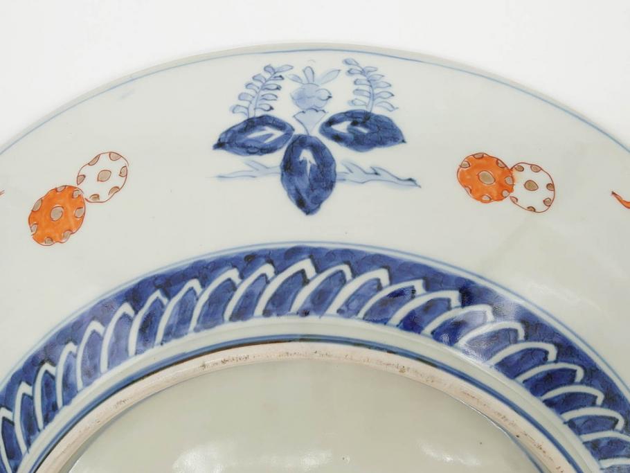 江戸期　古伊万里　染付　色絵　金彩　松竹梅　約46cm　1尺5寸　華やかで凝った意匠が目を引く大皿(人物、鳳凰、桐、和皿、和食器、一尺五寸)(R-083132)