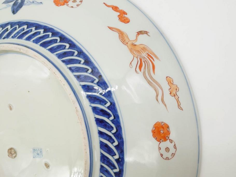 江戸期　古伊万里　染付　色絵　金彩　松竹梅　約46cm　1尺5寸　華やかで凝った意匠が目を引く大皿(人物、鳳凰、桐、和皿、和食器、一尺五寸)(R-083132)