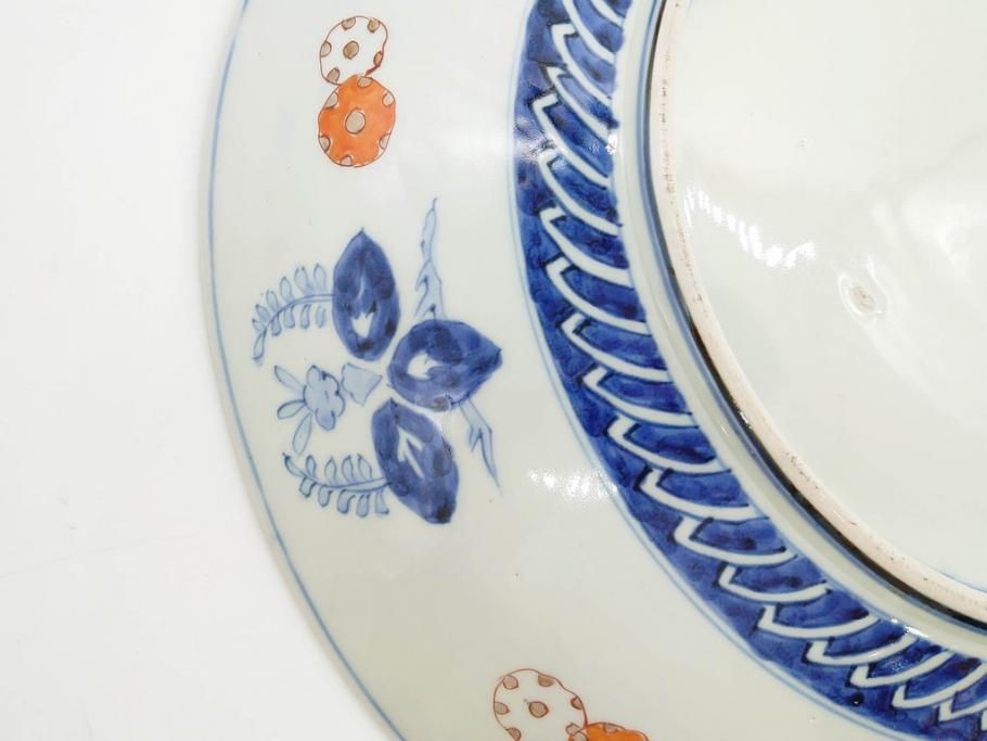 江戸期　古伊万里　染付　色絵　金彩　松竹梅　約46cm　1尺5寸　華やかで凝った意匠が目を引く大皿(人物、鳳凰、桐、和皿、和食器、一尺五寸)(R-083132)