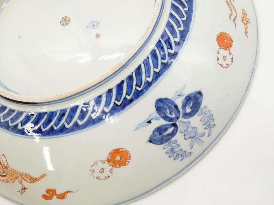 江戸期　古伊万里　染付　色絵　金彩　松竹梅　約46cm　1尺5寸　華やかで凝った意匠が目を引く大皿(人物、鳳凰、桐、和皿、和食器、一尺五寸)(R-083132)