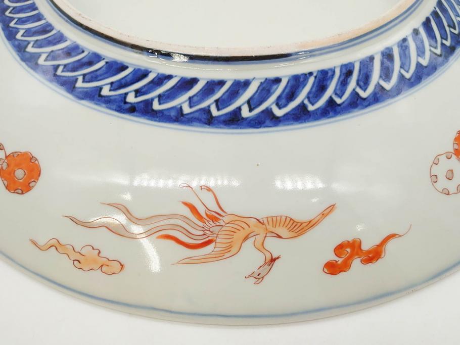 江戸期　古伊万里　染付　色絵　金彩　松竹梅　約46cm　1尺5寸　華やかで凝った意匠が目を引く大皿(人物、鳳凰、桐、和皿、和食器、一尺五寸)(R-083132)