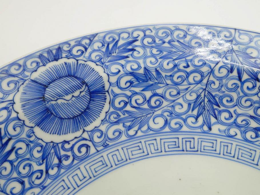 江戸期　古伊万里　染付　線描　花唐草　約41cm　1尺3寸　食卓を爽やかに彩る大皿(和皿、和食器、一尺三寸)(R-083133)