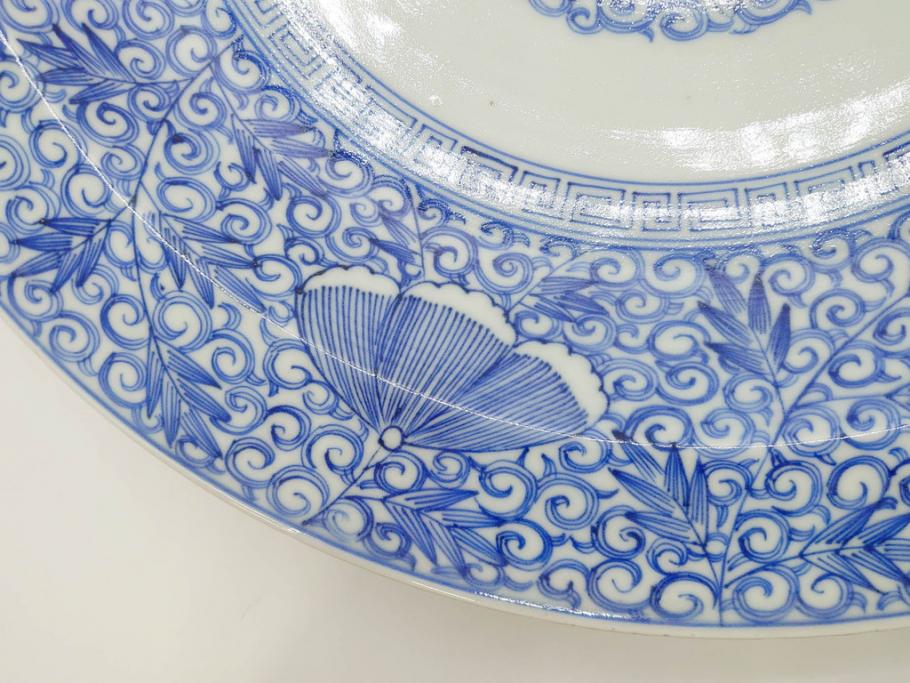 江戸期　古伊万里　染付　線描　花唐草　約41cm　1尺3寸　食卓を爽やかに彩る大皿(和皿、和食器、一尺三寸)(R-083133)