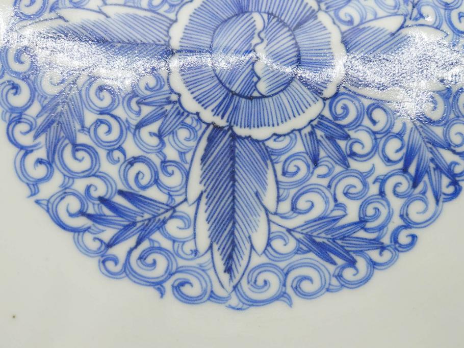 江戸期　古伊万里　染付　線描　花唐草　約41cm　1尺3寸　食卓を爽やかに彩る大皿(和皿、和食器、一尺三寸)(R-083133)