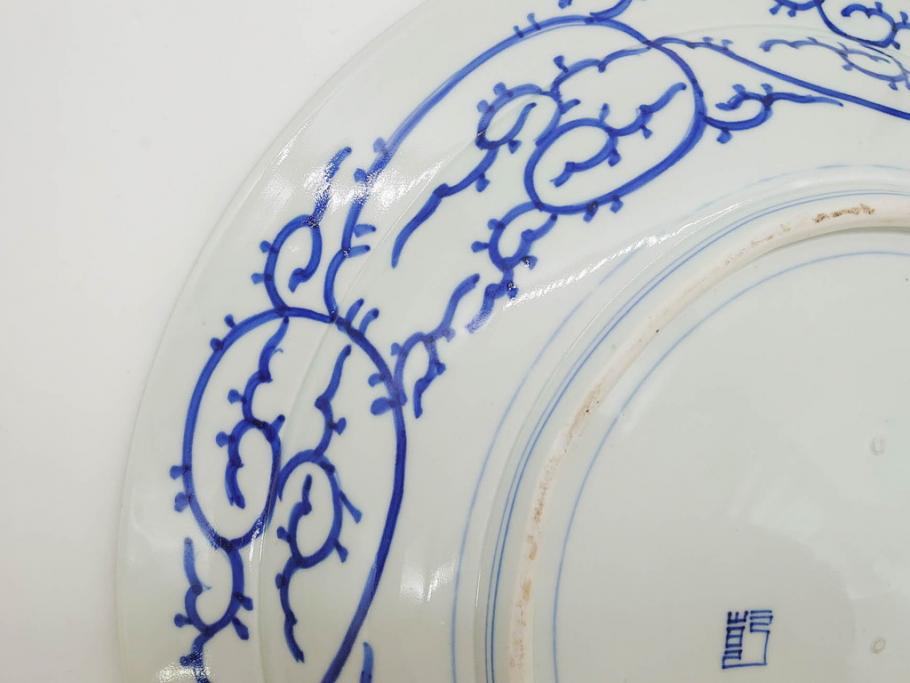 江戸期　古伊万里　染付　線描　花唐草　約41cm　1尺3寸　食卓を爽やかに彩る大皿(和皿、和食器、一尺三寸)(R-083133)